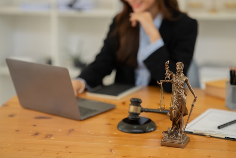 A female lawyer collaborates with a client in their office, reviewing documents together.






