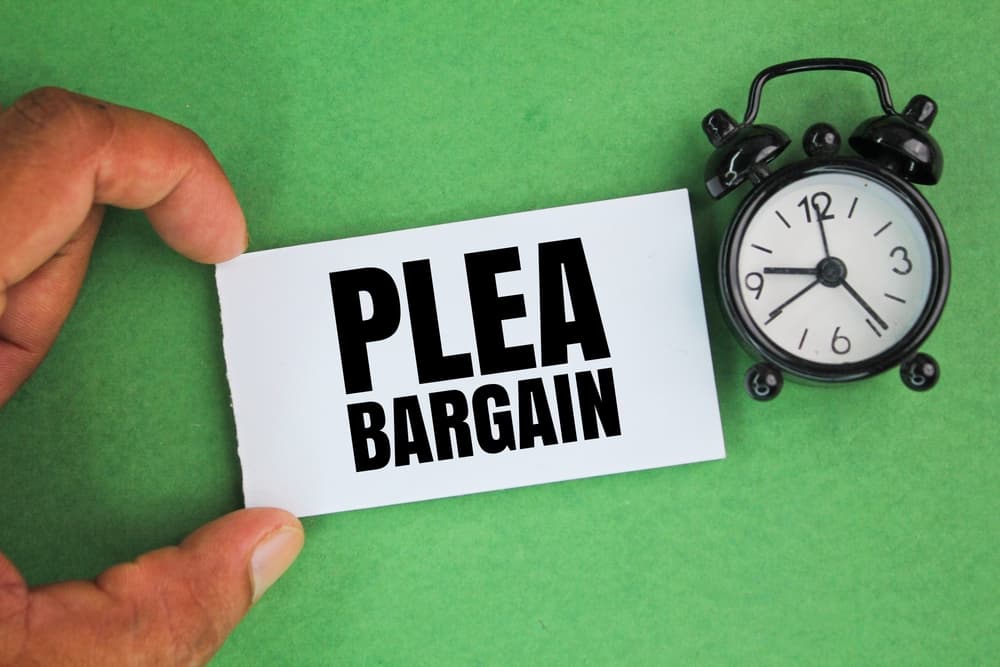 An alarm clock next to a hand holding a white paper that reads "Plea Bargain." This represents the concept of court appeals.