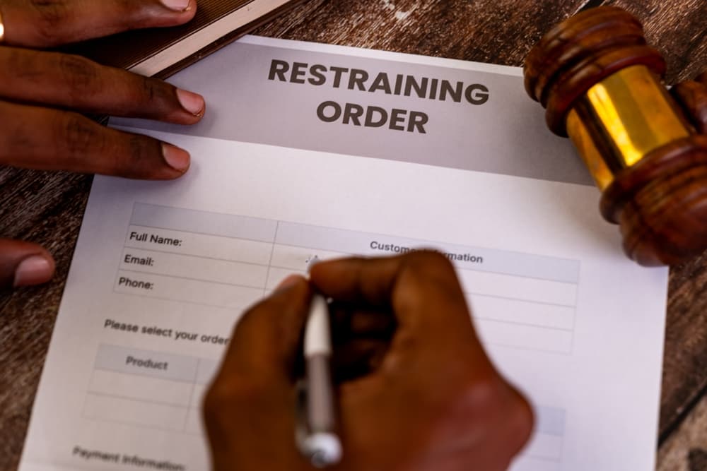 Person filling out a restraining order form with gavel nearby,